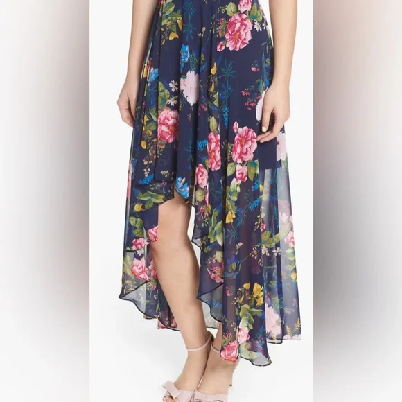 NWT Eliza J Navy Floral Print Chiffon High/Low Halter Midi Dress - Picture 4 of 14